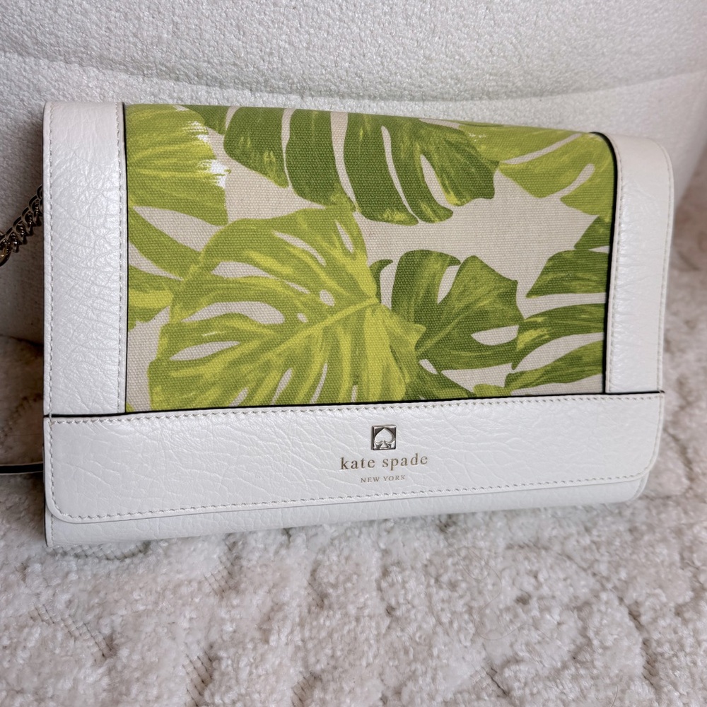KATE SPADE NY Magnolia Crossbody Clutch Ivory Palm Leaves Kari Perri Lane NWT - Picture 2 of 8